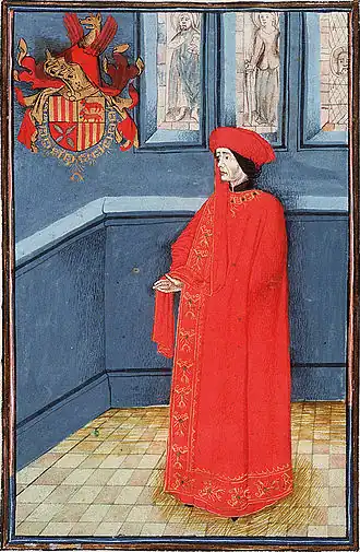 Portret van graaf Matheus van Foix-Comminges in het wapenboek van de Orde van het Gulden Vlies.