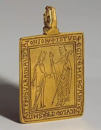 Een medaille ter herdenking van de schenking van relikwieën van St. Thomas Becket aan koningin Margaret van Sicilië, met een afbeelding van de koningin naast bisschop Reginald van Bath, ca. 1177.