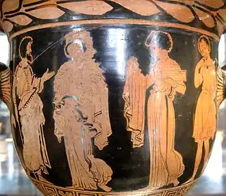 Medea geeft geschenken aan Creüsa (?), Oud-Grieks aardewerk, Louvre.