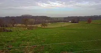 Landschap bij Meerssen, omgeving Visweg. Met op de achtergrond Waterval en de kerktoren van Ulestraten