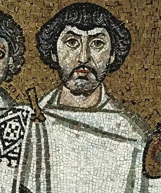 Detail van Belisarius uit mozaïek uit basiliek van San Vitale in Ravenna, voor 547.