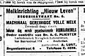 Een advertentie van Melkinrichting "Nieuw Leven" in Het Volk, een landelijke dagblad voor de arbeiderspartij (1921)