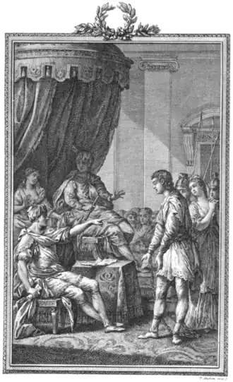 Afbeelding uit het libretto Artaserse van Pietro Metastasio; 2e bedrijf, scène 9: „Io condanno il mio figlio: Arbace mora“ „Ik veroordeel mijn zoon: Arbace te sterven“