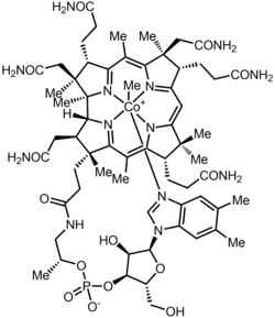 ▵ Structuurformule van methylcobalamine, met 'Me' voor methyl (CH3)