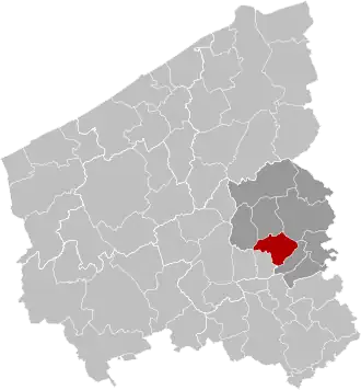 Ligging van Meulebeke binnen het arrondissement Tielt in de provincie West-Vlaanderen