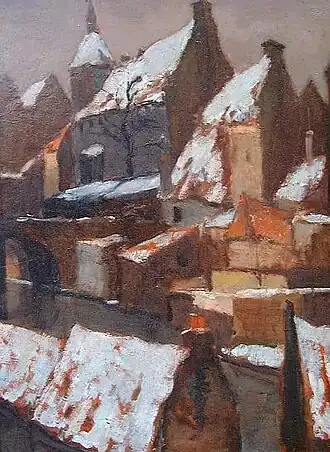 'Amersfoort'. Gezicht op het kerkje van Amersfoort. M.H. Mackenzie, olieverf op doek, 58 x 44 cm