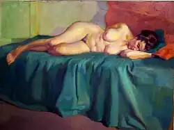 Olieverfschilderij van Piet Pijn. Mia Pijn liggend naakt. 60 x 80 centimeter, midden vorige eeuw. Schilderij in bezit van de Stichting Piet Pijn.