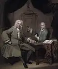 Michiel de Roode en Jan Punt met een miniatuurportret van Joost van den Vondel, 1738