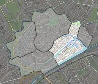 De binnenstad van Middelburg is door het CBS opgedeeld in vijf delen, waarbij het gemarkeerde deel vernoemd is naar dit plein.