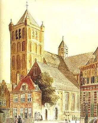 De kerk gezien vanuit het zuidwesten in 1750.