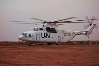 Een Mil Mi-26-transporthelikopter van UNMISS te Wau in maart 2015.