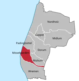 Ligging Misselwarden in de gem. Wurster Nordseeküste