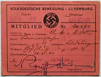 Lidmaatschapskaart Volksdeutsche Bewegung uit 1940.