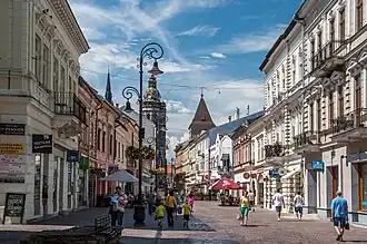 Op de achtergrond ziet men de Sint-Elisabethkathedraal (links) en de spits van de Urbanustoren (rechts).