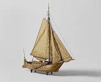 Uitgehold blokmodel uit 1819 in het Rijksmuseum Amsterdam, niet compleet. Het model lijkt op het type waarmee de koninklijke familie destijds over het Strijense Sas gezet werd, maar komt slechts deels overeen met typebeschrijvingen van enkele kenners.