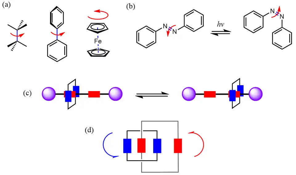 Enkele veel voorkomende soorten bewegingen die te zien zijn in enkele eenvoudige componenten van kunstmatige moleculaire machines. a) Rotatie rond enkele bindingen en in sandwichachtige metallocenen. b) Buigen als gevolg van cis-trans-isomerisatie. c) Translatiebeweging van een ring langs de halterachtige rotaxaanas. d) Rotatie van in elkaar grijpende ringen in een catenaan