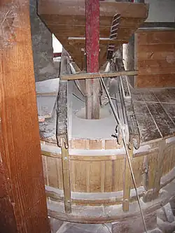 Vooraanzicht maalkoppel van De Hoop in Garderen. (bovenste molensteen (loper) is zichtbaar)