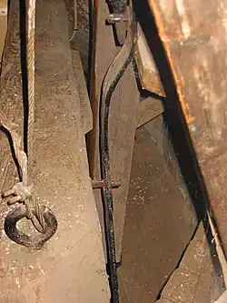 Vangbalk met pen op de haak. Molen is nu van de rem af