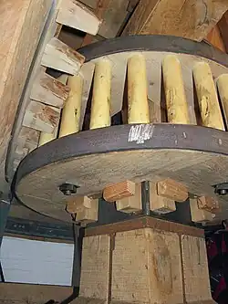 Bovenwiel met bovenschijfloop. De bovenschijfloop kan uit het werk gezet worden.