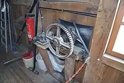 Slinger met tandwieloverbrenging waar de as waar het schot aanhangt mee bediend kan worden.