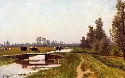 Zomerlandschap met koeien bij een brug, ca. 1860