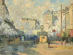 Extérieur de la gare Saint-Lazare, effet de soleil, privé bezit, 60×81&nbsp;cm.