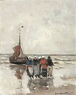 Vissersvrouwen bij een botter op het strand