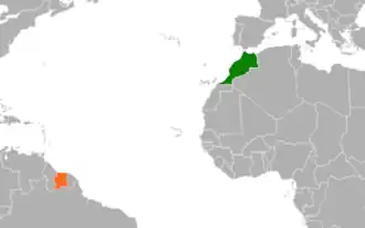 Kaart met daarop Marokko en Suriname
