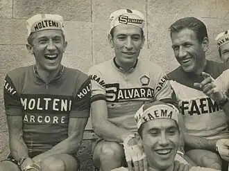 Gianni Motta, Felice Gimondi, Vittorio Adorni en Eddy Merckx te Imola