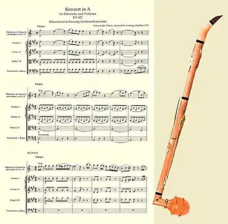 Partituur met het begin van de 3 delen; replica van de Stadler klarinet