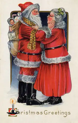 Kerstkaart uit 1919 met Mr & Mrs Santa Claus (de kerstman en zijn vrouw)