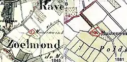 Kaarten met "Muizenwinkel" gelegen tussen Zoelmond en Ravenswaaij, 1845 en 1881.