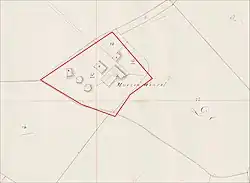 Uitsnede van "Muizen Winkel" uit de kadastrale kaart van 1832, met twee hoofdgebouwen, twee schuren en twee hooibergen.