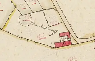 Mulrode in 1822, met links de ronde motteheuvel en rechts de boerderij