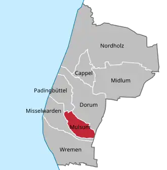 Ligging van Mulsum in de gemeente Wurster Nordseeküste