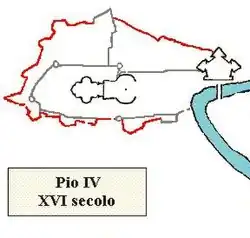 Grijs: de Leontijnse Muur. Rood: de ommuring van Pius IV.
