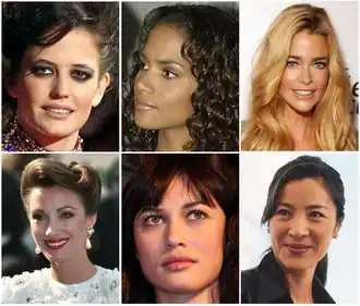 Een selectie van bondgirls Bovenste rij v.l.n.r. Eva Green (Vesper Lynd in Casino Royale) Halle Berry (Jinx in Die Another Day) Denise Richards (Christmas Jones in The World Is Not Enough) Onderste rij v.l.n.r. Jane Seymour (Solitaire in Live and Let Die) Olga Kurylenko (Camille Montes in Quantum of Solace) Michelle Yeoh (Wai Lin in Tomorrow Never Dies)
