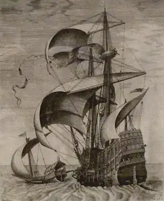 Driemaster met brigantijn (naar Pieter Breughel de Oude)