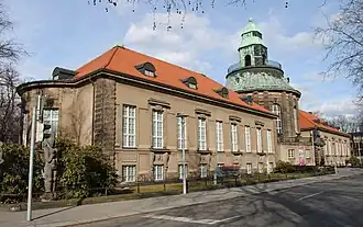 Een kleurenfoto van het museumgebouw van de Kunstsammlungen Zwickau – Max Pechstein Museum. Het gebouw heeft een koepel in het midden, met aan de linker- en rechterzijde rechthoekige uitbouwen. De uitbouwen zijn bedekt met rode dakpannen, terwijl de koepel een koperen bedekking heeft die groen is geoxideerd.