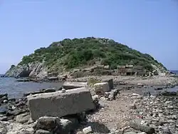 Het Konijneneiland voor de kust van Gümüşlük, met antieke restanten