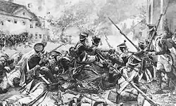 Franse infanterie in de straten van Eßling schiet op Oostenrijkse troepen