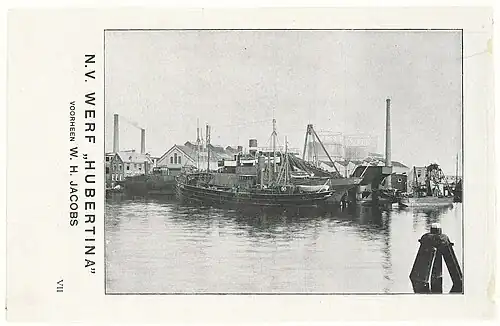 Werf Hubertina met daarachter fabrieksgebouwen van de Gemeentelijke Lichtfabrieken beide van de hand van Van Noppen