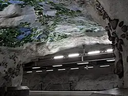 Waterlelies op het plafond boven de doorgang tussen de perrons