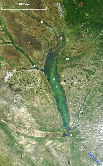 Het nationaal park Sioma Ngwezi aangegeven met nummer 17 op de Barotse-riviervlakte.