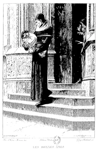 Claude Frollo vindt de vondeling Quasimodo op de trap van zijn kerk, tekening uit 1889.