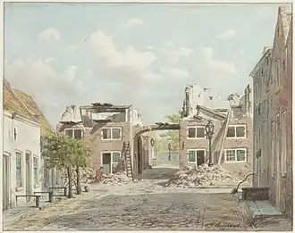 Schalkwijkerpoort, westzijde, tijdens de afbraak in 1866. Aquarel van W.J.Boogaard, 1866