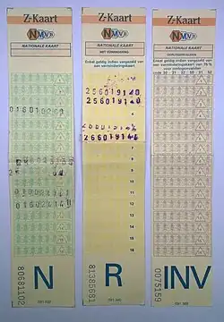 Z-kaart normaal tarief, met vermindering en voor oorlogsinvaliden