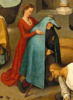 "Zij hangt haar man de blauwe huik om" (zij bedriegt haar man), detail Nederlandse Spreekwoorden door Pieter Bruegel de Oude