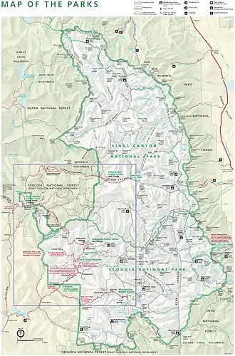 kaart van Kings Canyon National Park en Sequoia National Park