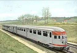 Dieselektrische trein type DE III (Materieel '34) in het grijs, nabij Amersfoort; circa 1934.